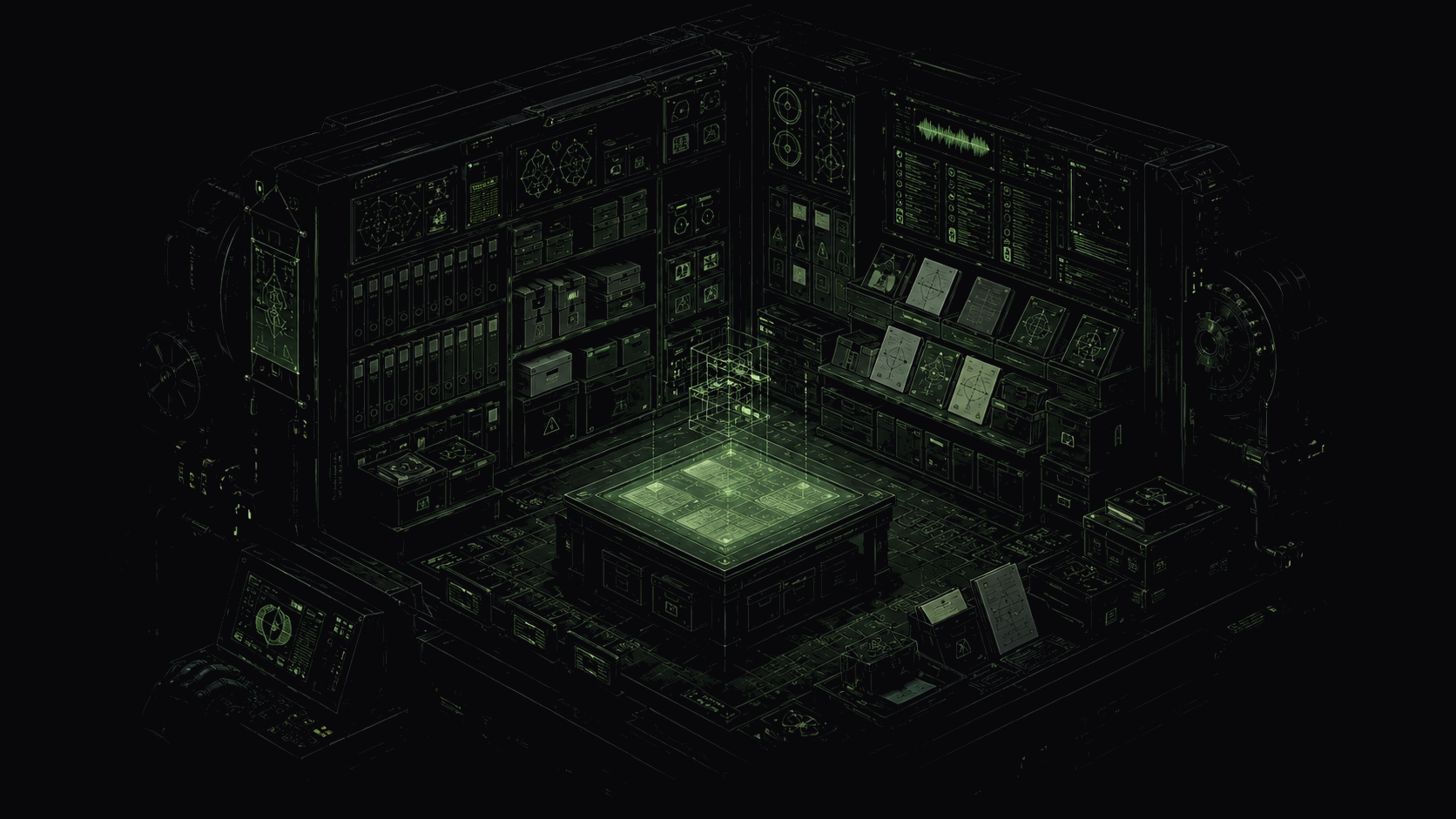 Dark technical archive room arranged by an operator before the model begins to compress context.