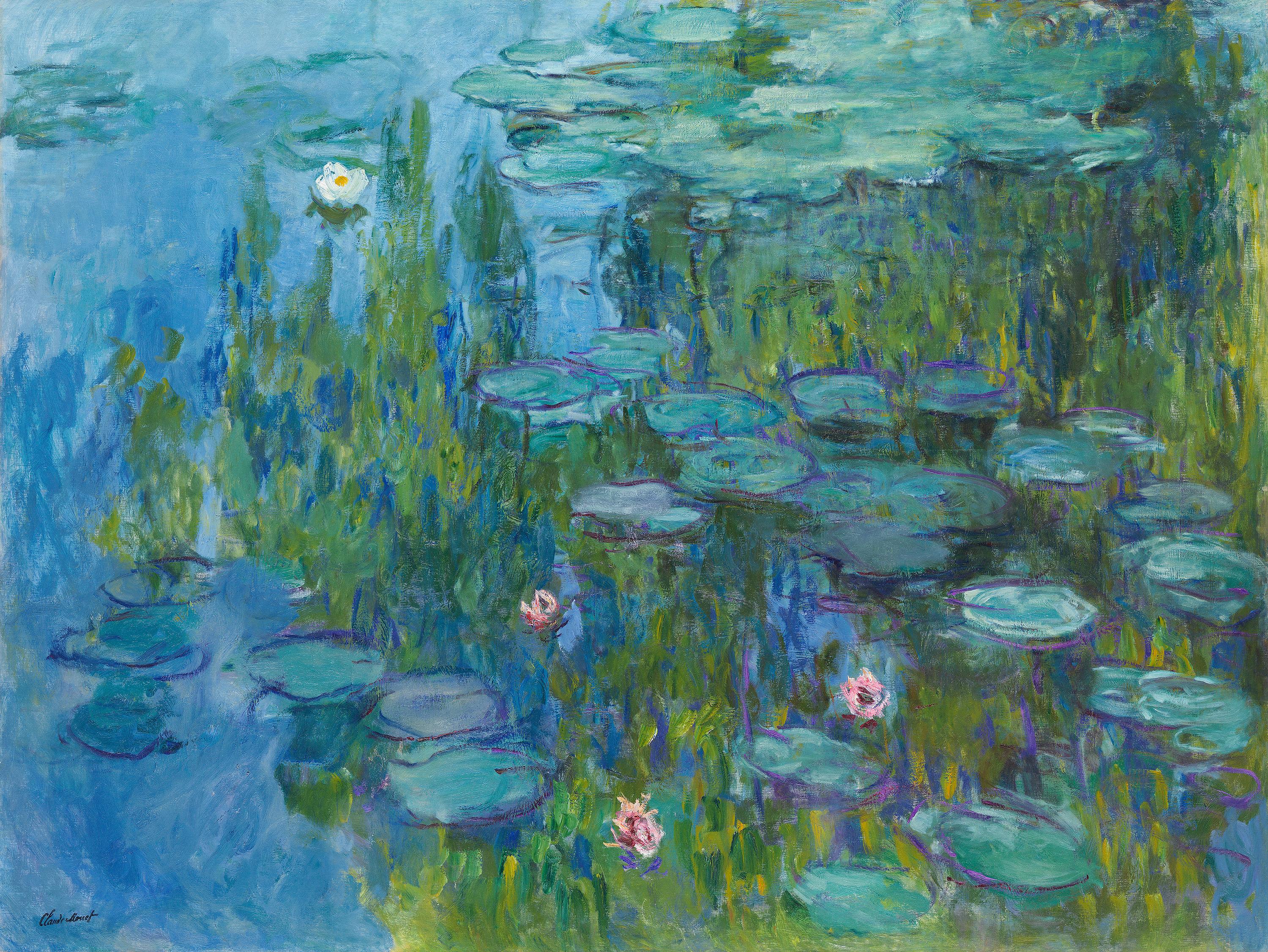 Claude Monet's Water Lilies, painted about 1915, showing a blue-green pond covered by lily pads and flowers.