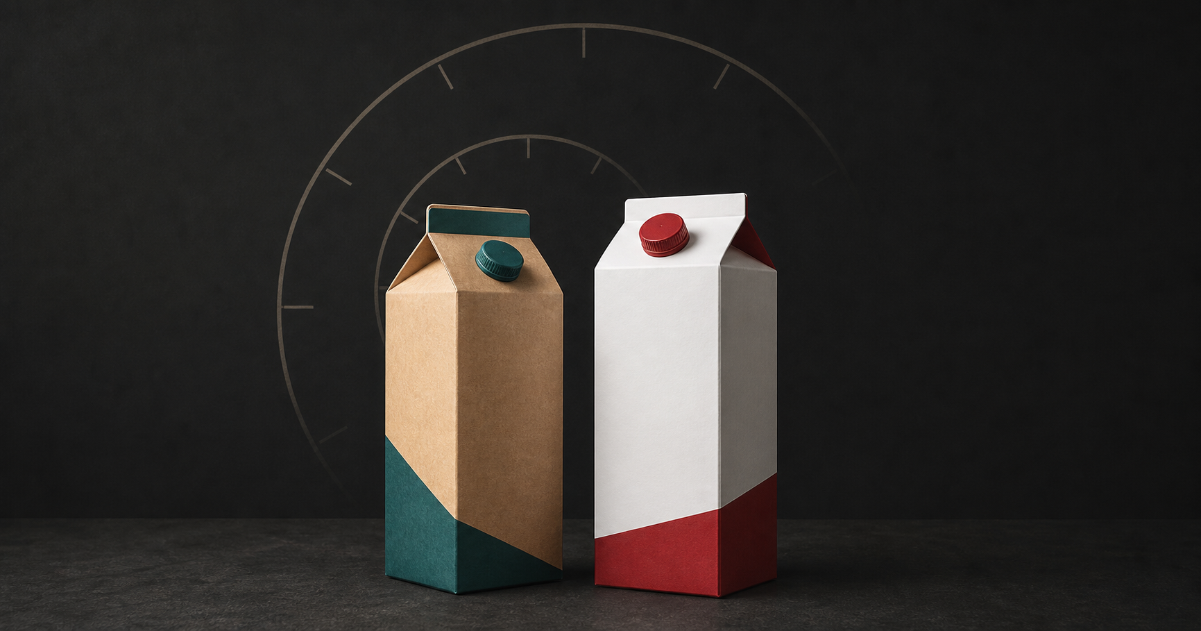 Two unbranded milk cartons standing in front of two overlapping clock faces, representing different shelf-life contracts.