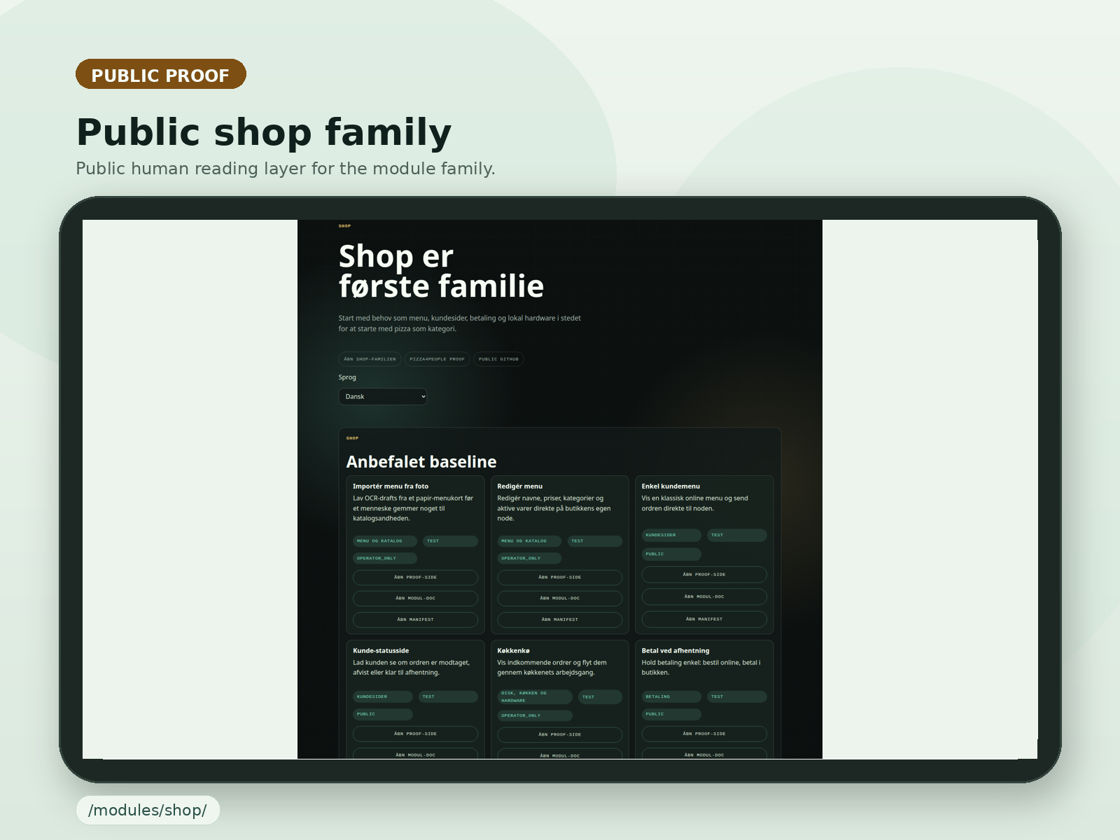 Protocols4People showing the public `shop` module family with the local node layer explained in human language.