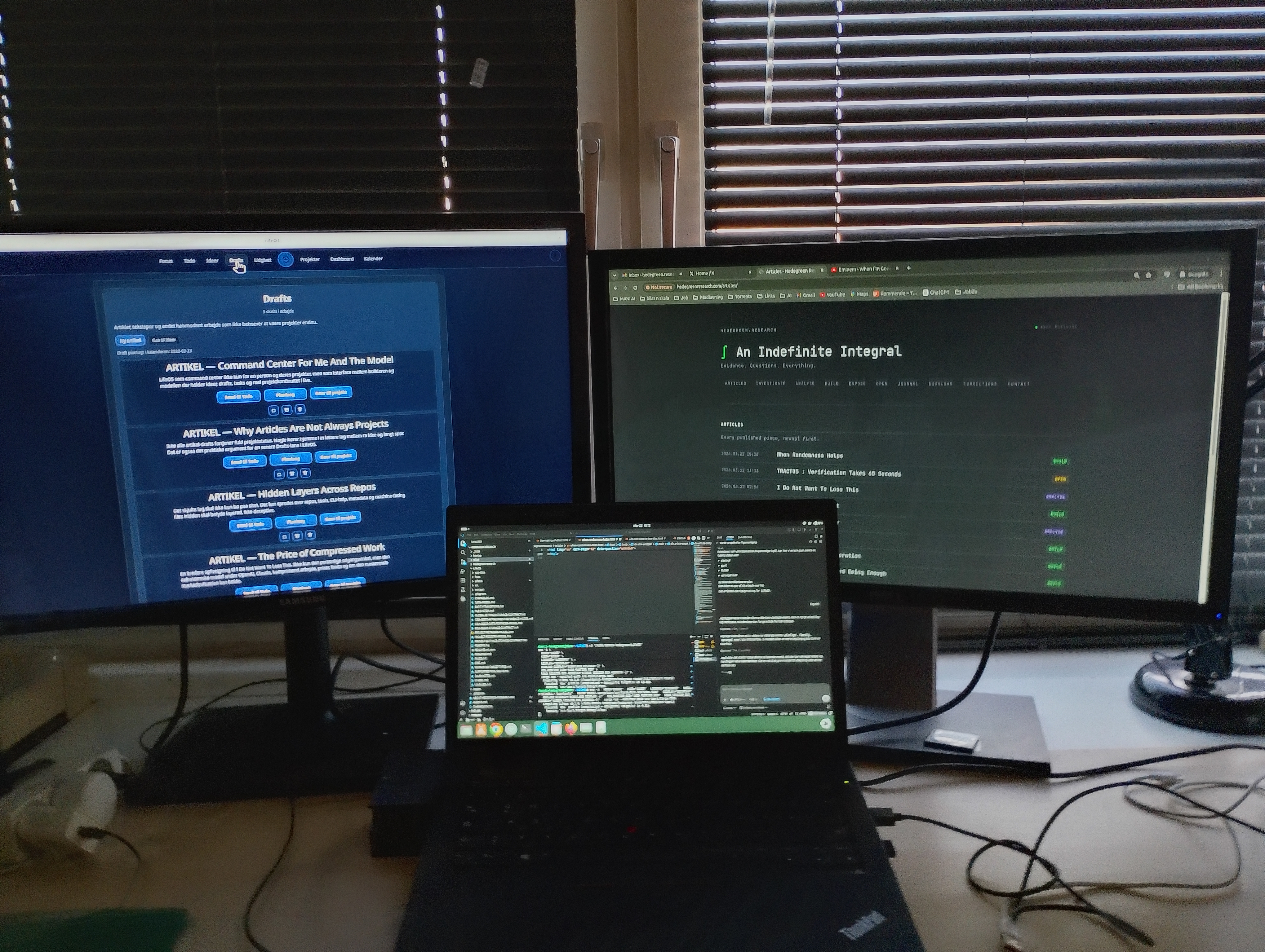 Workstation showing LifeOS, Hedegreen Research, and active development across multiple screens.