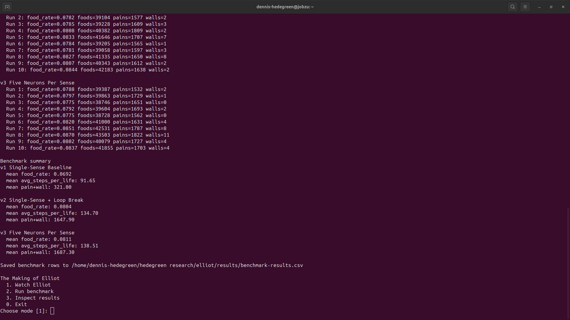 Terminal benchmark summary comparing the three Elliot versions