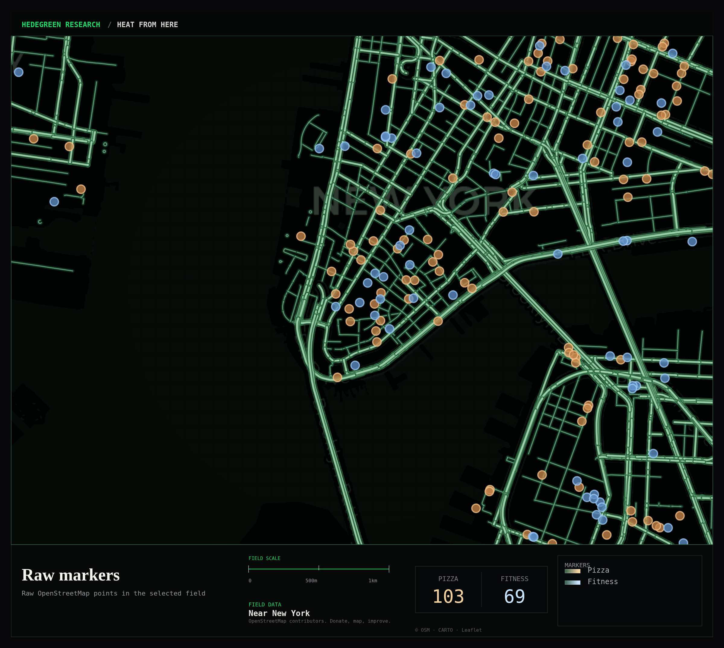 Raw Heat From Here marker map showing mapped pizza and training-center points around Wall Street.