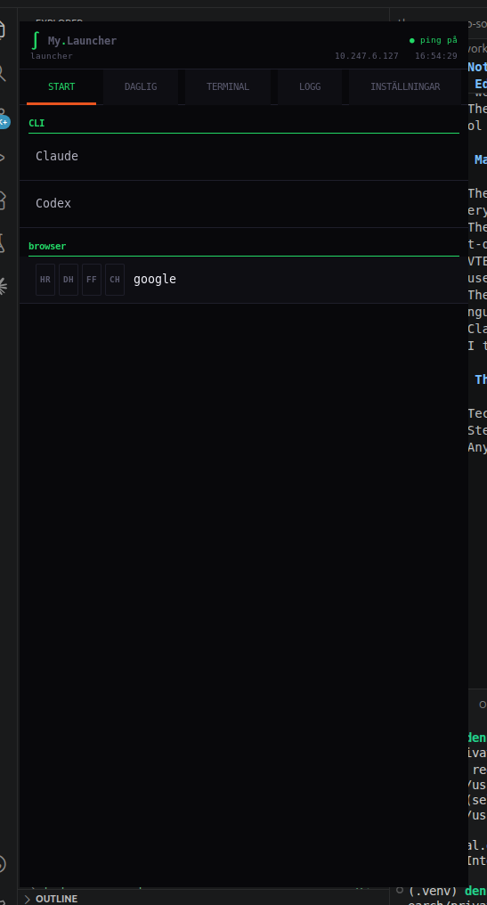 GTK Launcher start tab showing Claude, Codex, and a browser row with profile buttons.