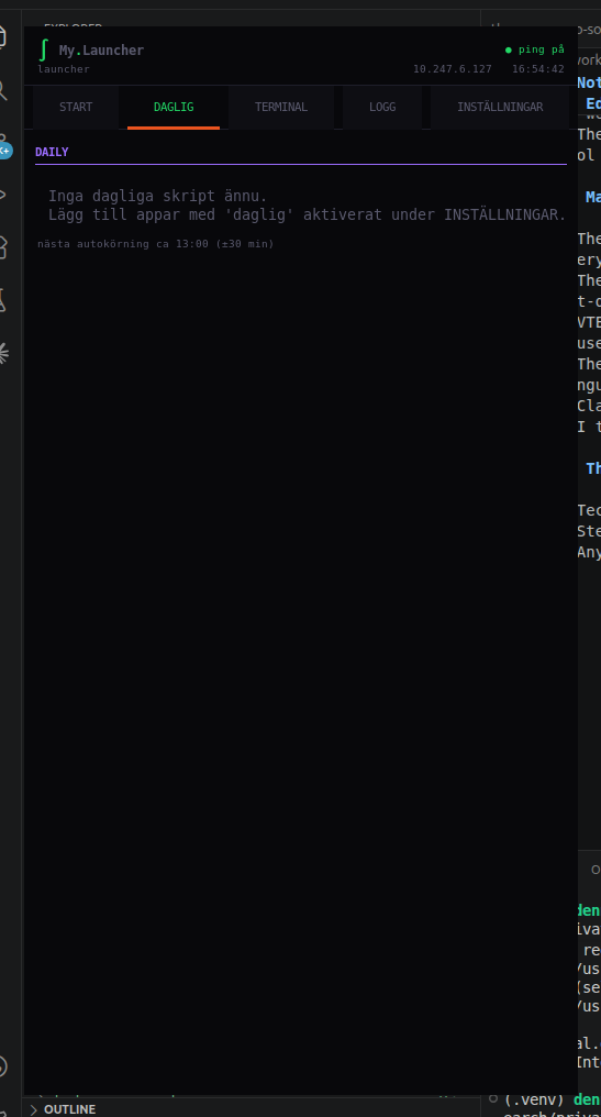 GTK Launcher daily tab showing the empty state for daily scripts.
