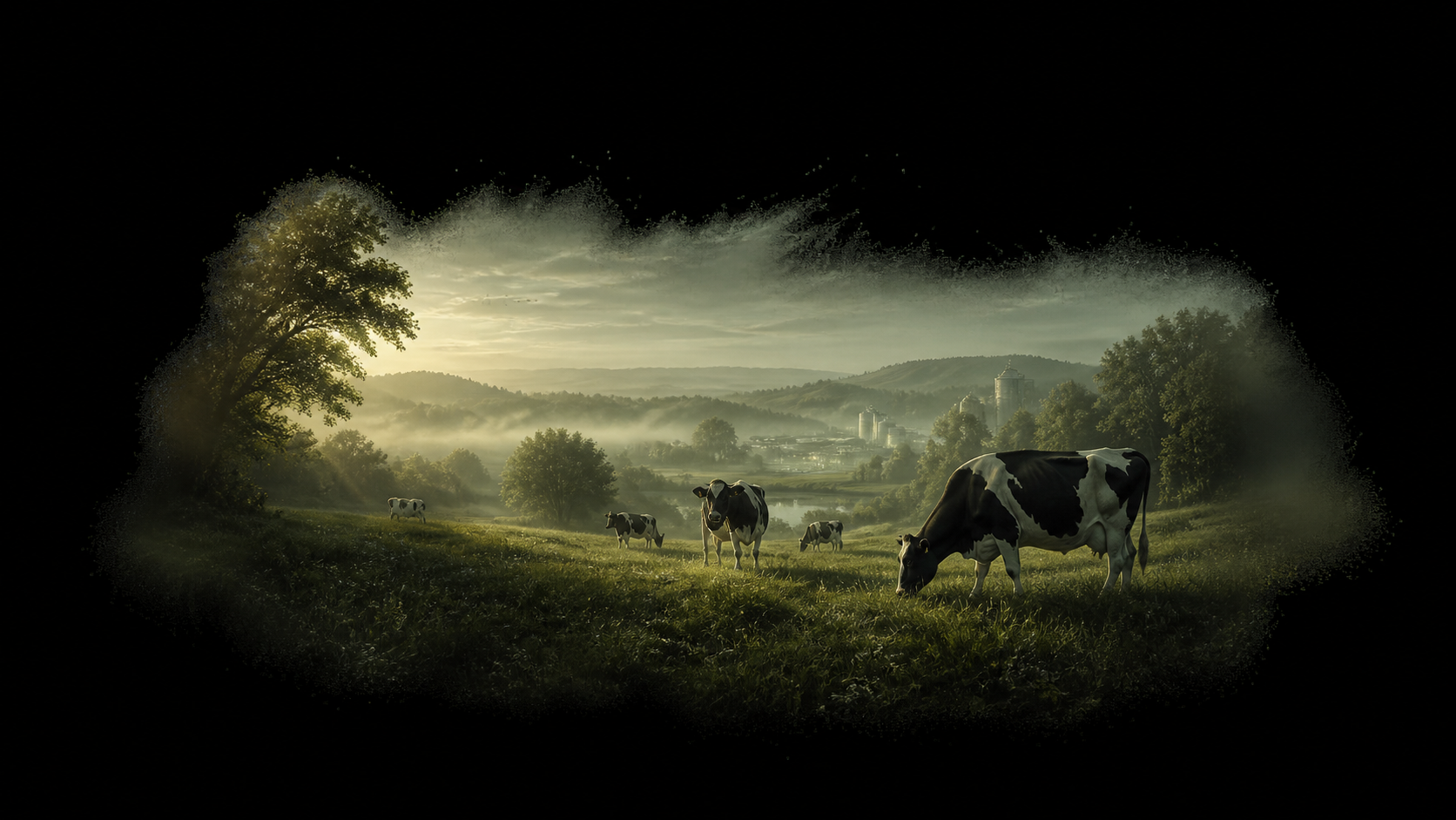 Cows grazing in a misty green dairy landscape at dawn.