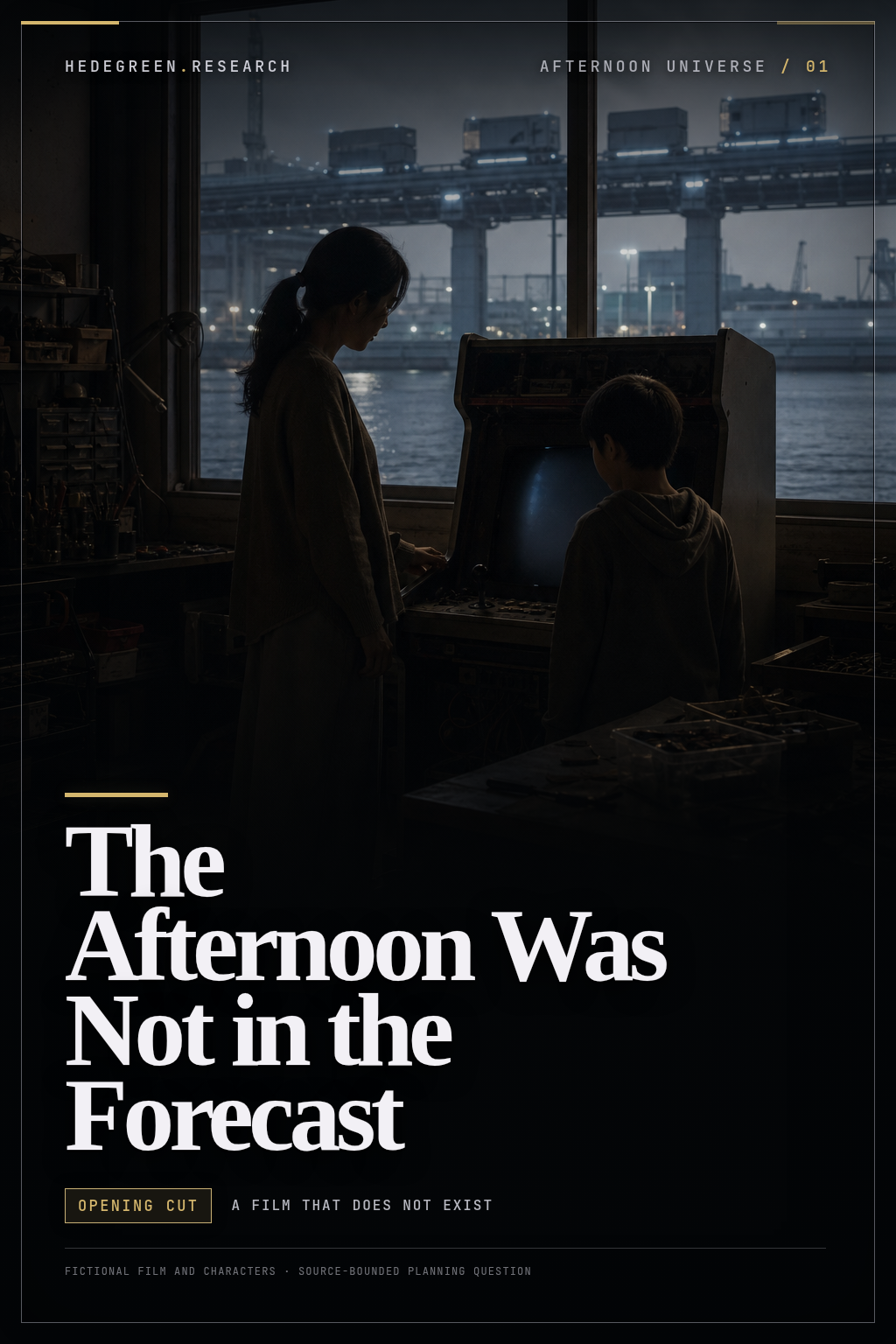 Movie poster for The Afternoon Was Not in the Forecast, showing a mother and child beside a dark arcade cabinet while an automated freight line remains illuminated beyond the workshop window.