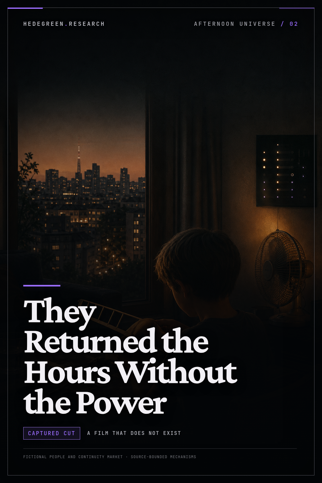 Movie poster for They Returned the Hours Without the Power, showing a child in a warm apartment holding an unfinished wooden glider joint while a fan and the powered city continue around them.