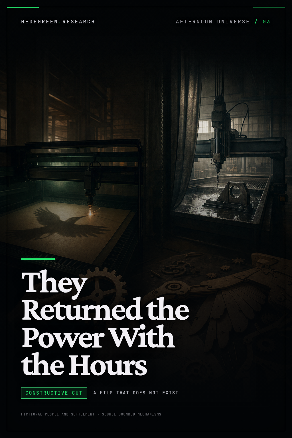 Movie poster for They Returned the Power With the Hours, showing hands holding a birch gear for a mechanical bird, an active laser cutter, and a paused waterjet beside an unfinished ventilation bracket.