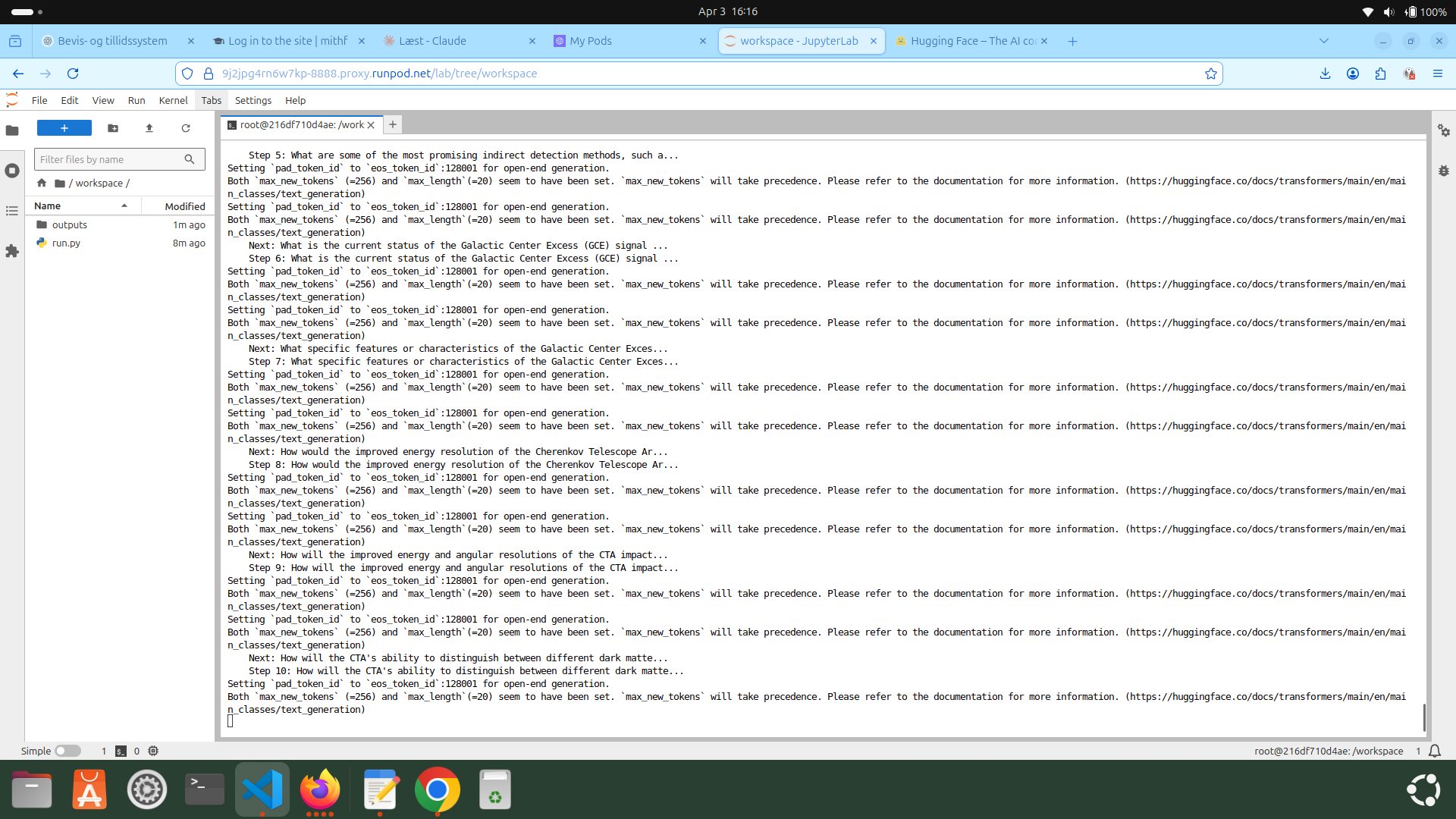 RunPod JupyterLab workspace showing a live llama-question-loop run with run.py and outputs visible.