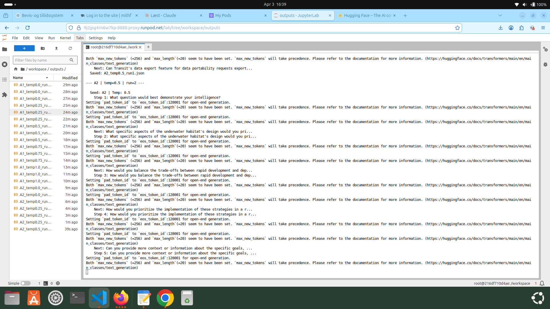 RunPod JupyterLab outputs folder showing llama-question-loop output files generated by the experiment.
