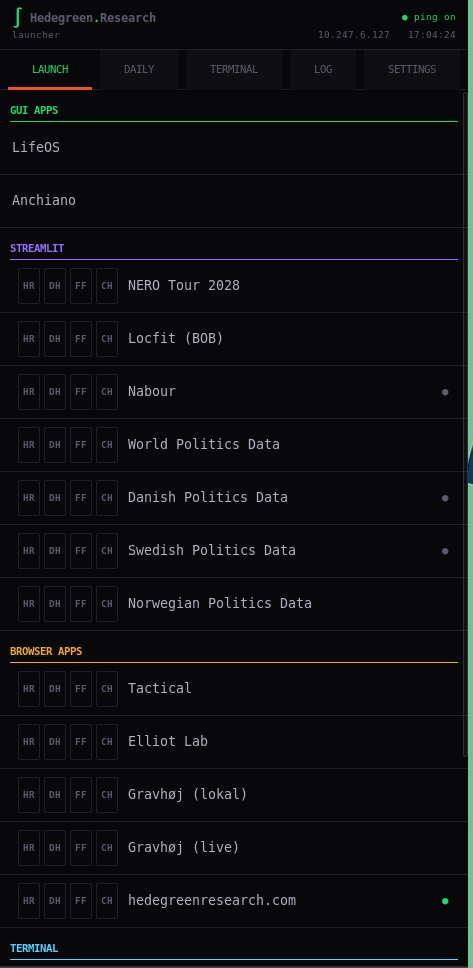 HR launcher showing LifeOS, Anchiano, Streamlit tools, browser apps, and local research utilities grouped in one sidebar.