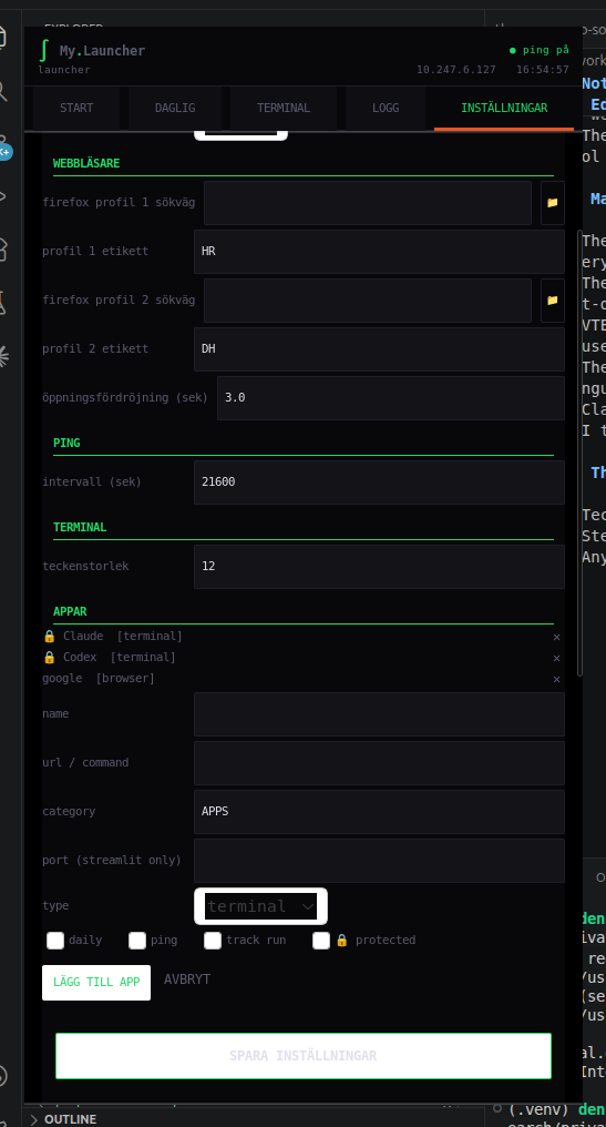 GTK Launcher settings tab showing browser profiles, ping interval, terminal font size, and editable app rows.