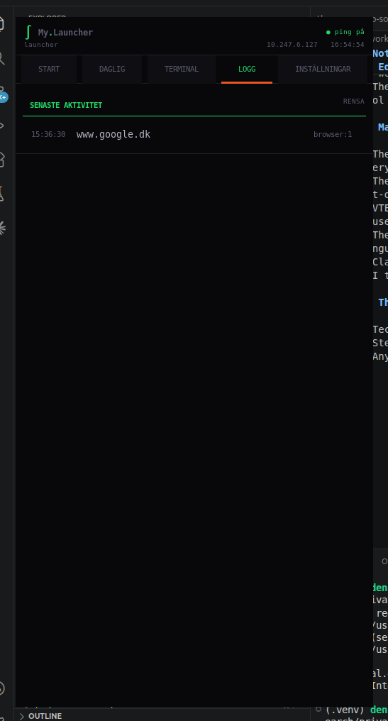 GTK Launcher log tab showing recent activity with a browser launch entry.